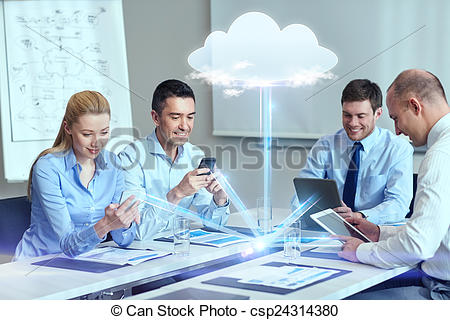 smiling business people with gadgets in office